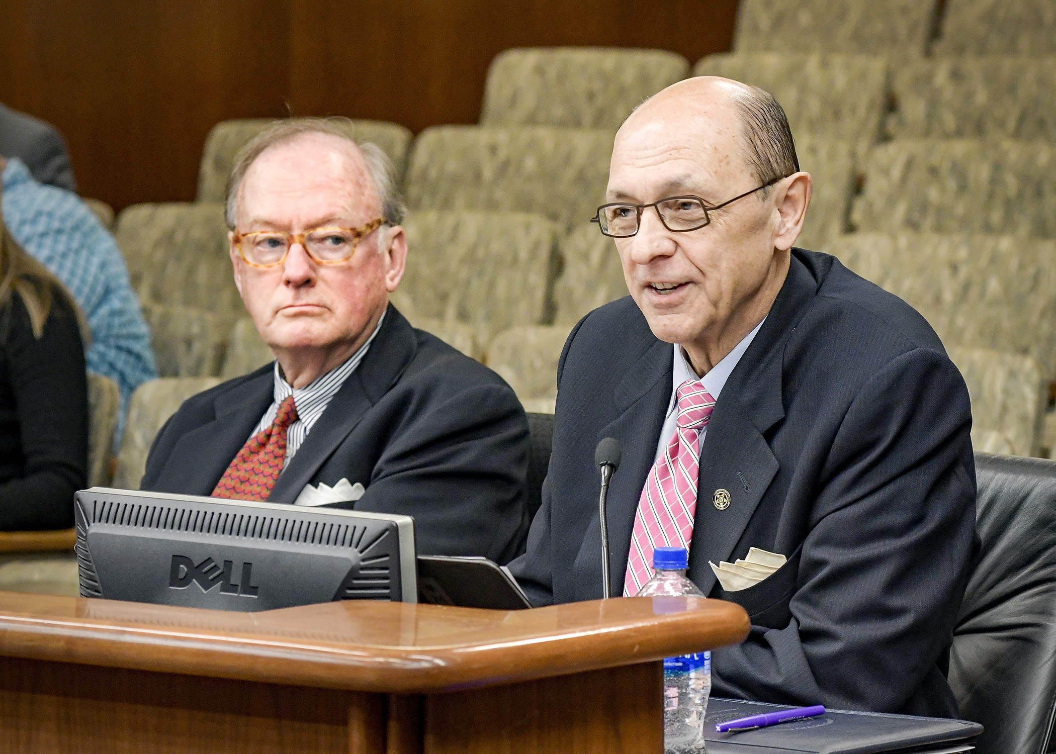 Mike Vekich, right, chair of the Minnesota Sports Facilities Authority, and Rick Evans, the authority’s executive director, testify Nov. 1 before the House State Government Finance Committee about security issues at U.S. Bank Stadium. Photo by Andrew VonBank